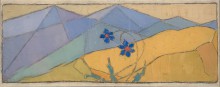 Волков А.Н. Два цветка на фоне гор. 1914. Картон. масло. 13,5 х 37,5